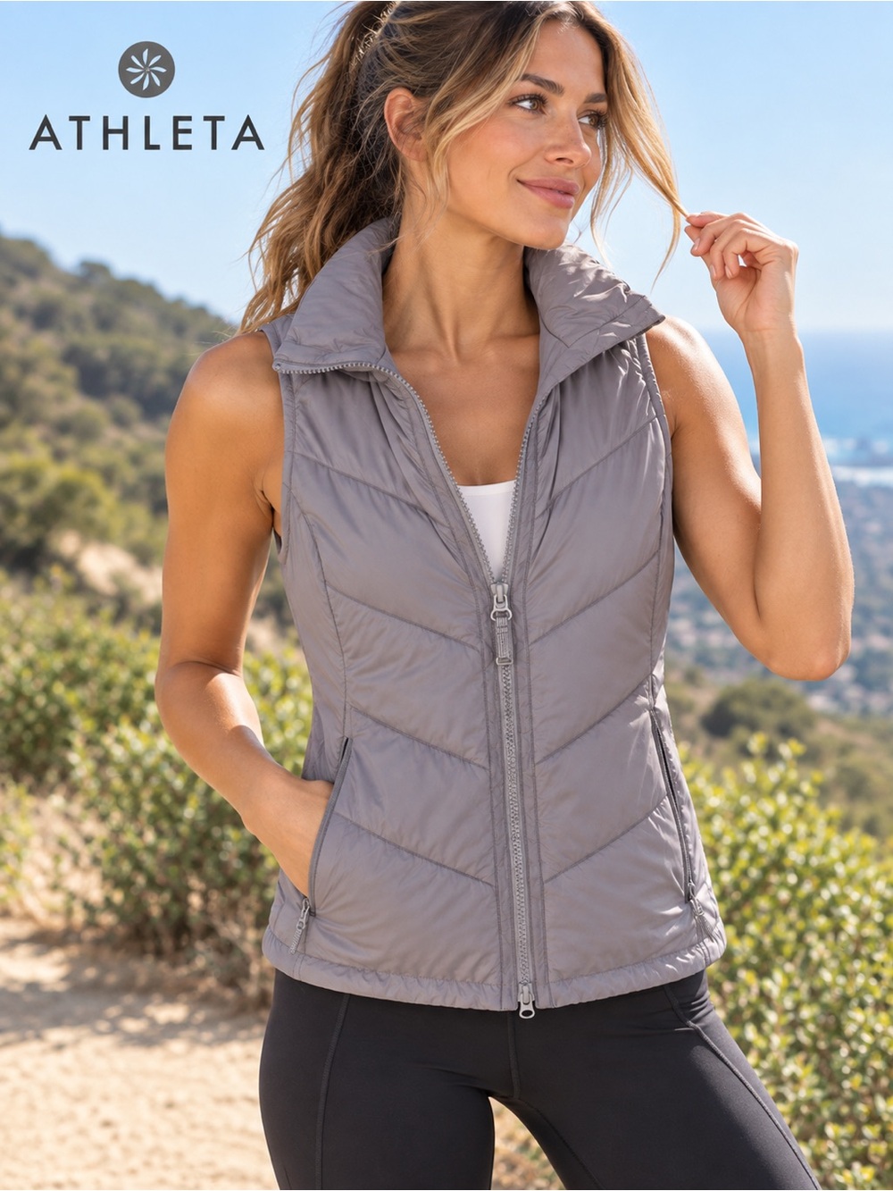 Athleta Light Grey Quilted Sleeveless Puffer Vest